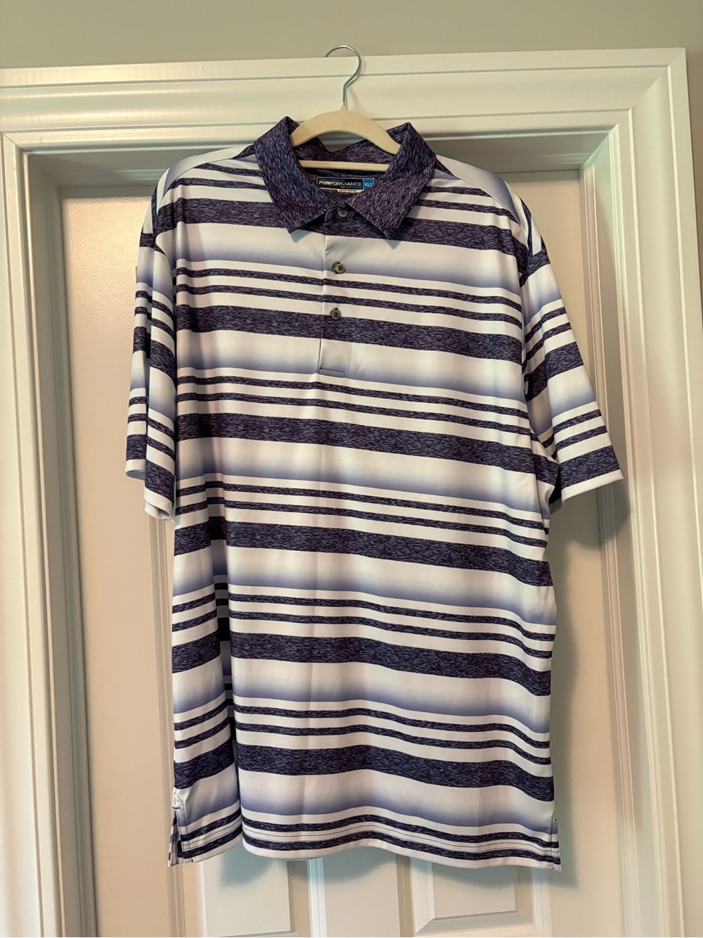 Roundtree and York Performance Striped Polo Shirt - White & Navy